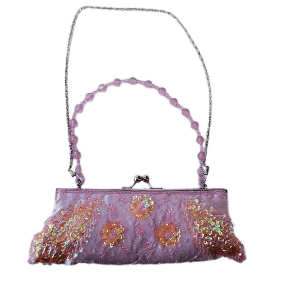 Vintage Purse Sequin Kiss Lock Satin Handbag Pink Rectangle Feathery Design